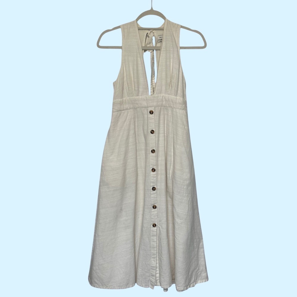 Urban Outfitters Cream Linen Blend Button Front Halter Midi Dress Size 2